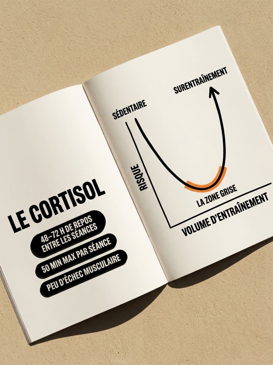 Le cortisol : la courbe en U entre sédentarité et surentraînement, avec la zone grise au milieu