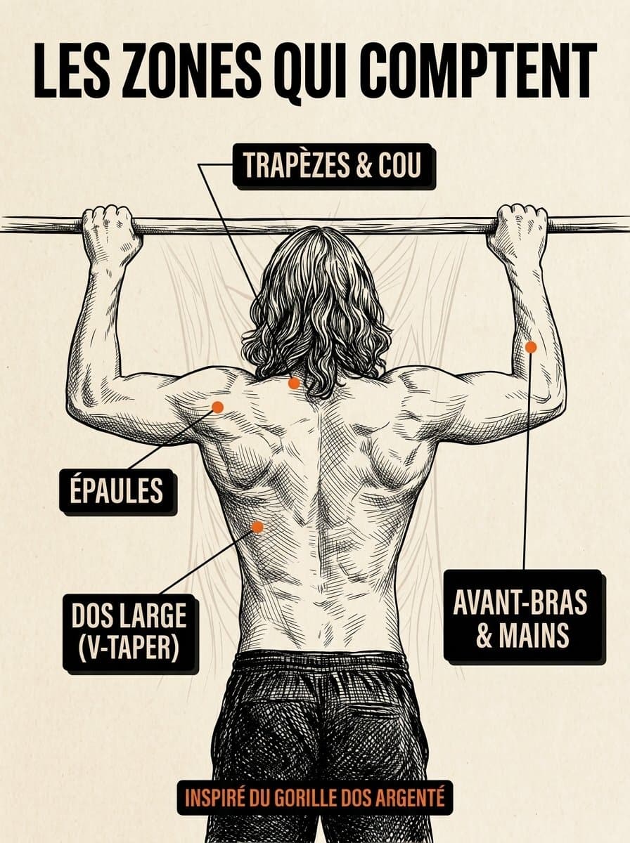 Les zones qui comptent, illustration du coach de dos à la barre : trapèzes et cou, épaules, dos large, avant-bras et mains