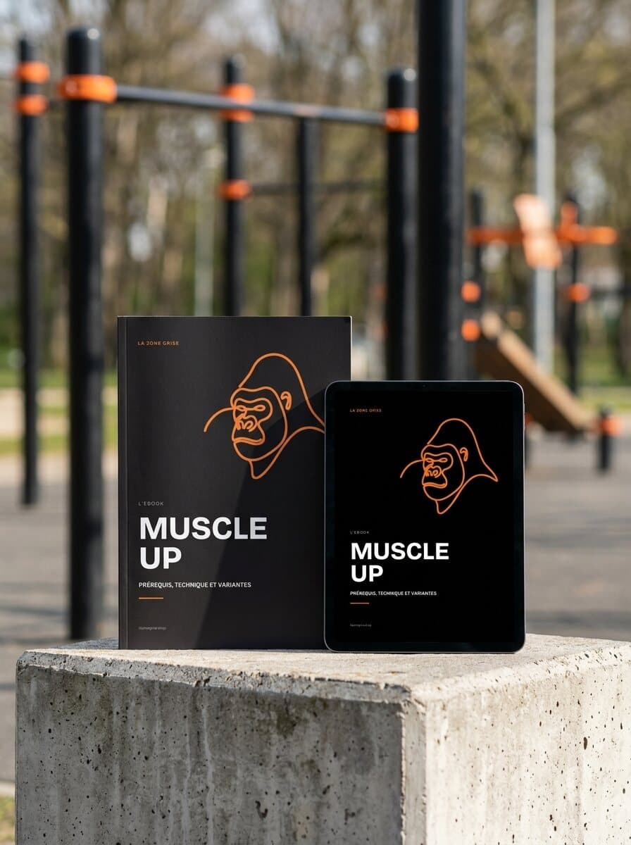 L'ebook Muscle-up de LA ZONE GRISE, en version imprimée et sur tablette, dans un parc de street workout