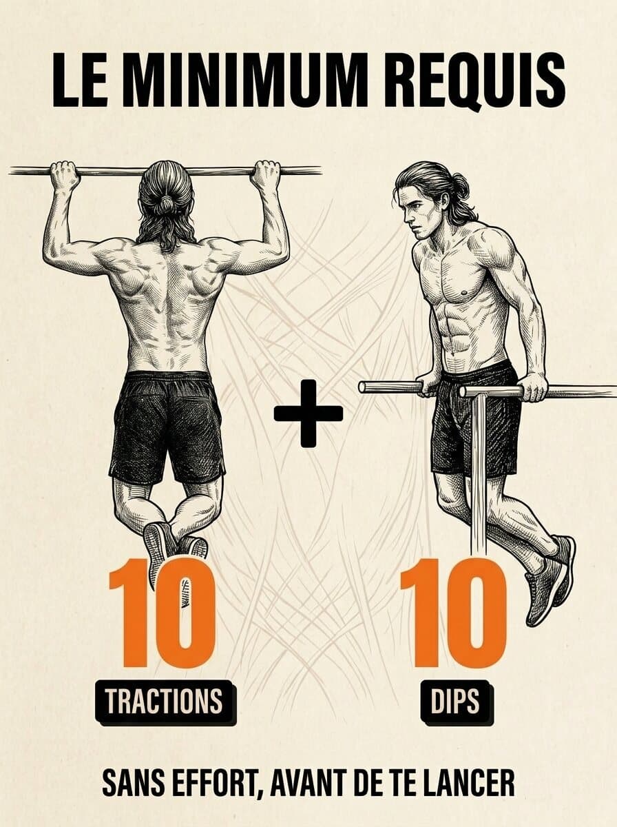 Le minimum requis : 10 tractions et 10 dips, sans effort, avant de te lancer