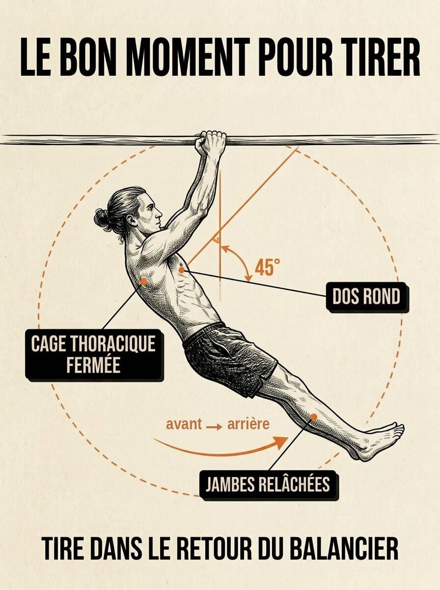 Le bon moment pour tirer : corps à 45°, cage thoracique fermée, dos rond, jambes relâchées ; tire dans le retour du balancier