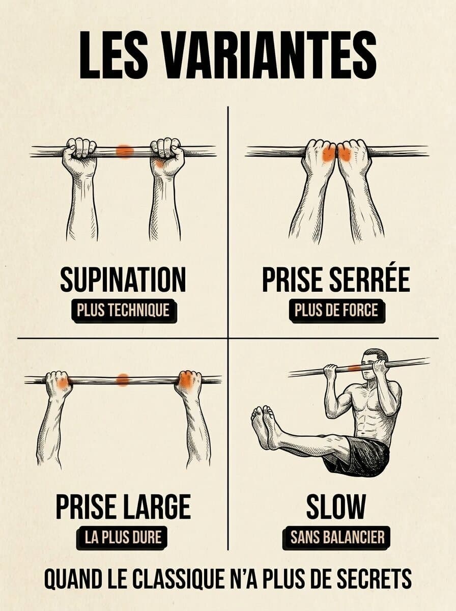 Les variantes : supination, prise serrée, prise large et slow muscle-up